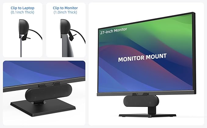Computer Speakers for Desktop PC Monitor, External Speakers for Laptop, USB-Powered, Plug-n-Play, Wired, Clip-On, Small Computer Soundbar for PC, with Loud Sound, Rich Bass, G-Sensor, USB-C Adapter