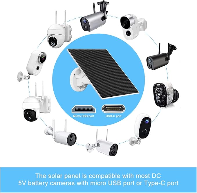DCT Solar Panel for Security Camera, 5W with Micro USB & Type-C Port, IP65 Waterproof Outdoor DC 5V Rechargeable Battery 360° Adjustable Mounting Bracket, 10ft Cable, Black, 6.6*4.85*1.5IN, S5