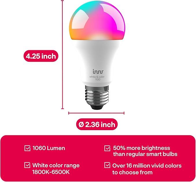 innr Zigbee A19 Smart Bulb, Works with Hue*, Alexa, SmartThings, White & Color, 40% More Brightness, E26 LED Color Changing Light Bulb, Dimmable, 1100 Lumen, 4-Pack