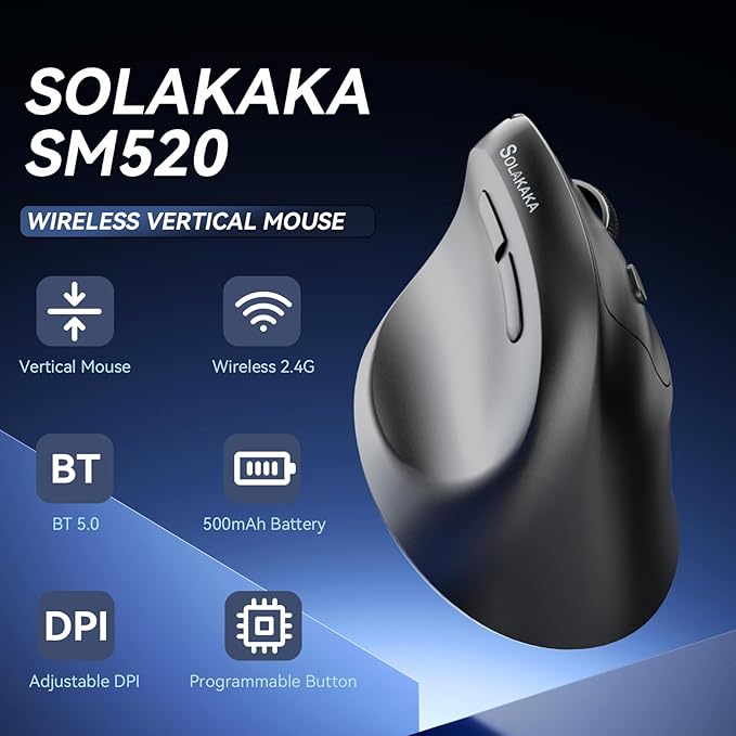 SOLAKAKA SM520 Ergonomic Mouse with 24000 DPI, Vertical Mouse with Programmable Side Button, Wireless Mouse with Tri-Mode Connection - BT5.0/USB-C/2.4GHz, for Desktop, PC, Laptop (Black)