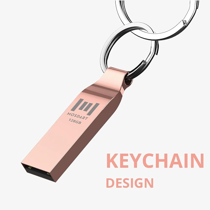 MOSDART Waterproof 128GB USB2.0 Flash Drive, exFAT Metal Memory Stick with Keychain, for System Back, Data Storage, Rose Gold
