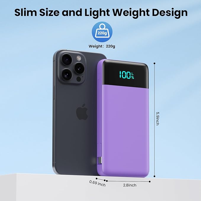 Portable Charger for iPhone,13800mAh Slim Power Bank with Built-in Cables & AC Wall Plug,All in One 4 Outputs USB C Fast Charging Battery Pack for iPhone 17/16/15/14,Android,Travel Essential (Purple)