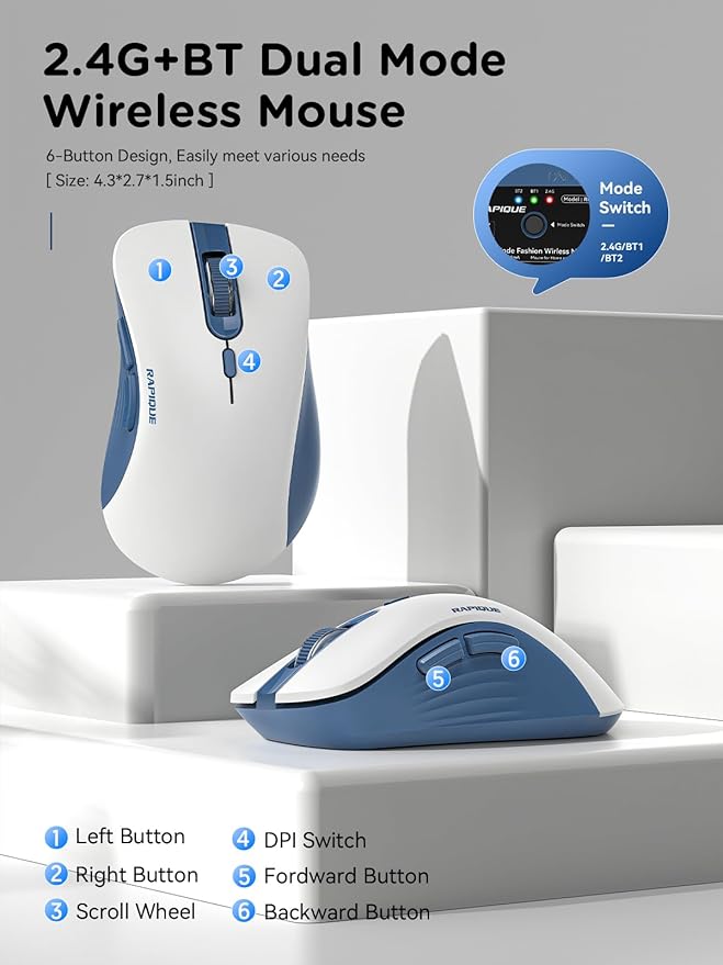 RAPIQUE Bluetooth Wireless Mouse - Dual Bluetooth & 2.4 GHz USB Receiver, Ergonomic Design, Quiet Clicks, Low Power - Multi-Device Compatibility for MacBook, Laptop, Computer (Blue and White)