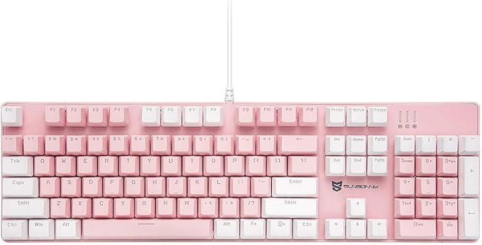 Merdia 104 Keys Full Size Mechanical Keyboard | Blue Switch, Pink & White Color 104 Keys US Layout Led Backlit Hot Swappable Wired Mechanical Light Up Pink Keyboard | Wired Gaming Computer Keyboards