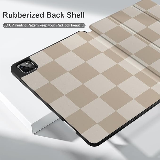 DONGKE Case for iPad Pro 12.9 inch 6th Generation 2022, Built-in Pencil Holder + Trifold Stand + Auto Wake/Sleep + Protective Cover for iPad Pro 12.9 5th/4th/3rd Gen- Beige Chessboard