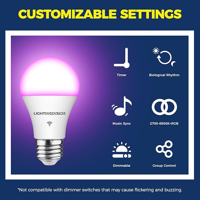 Lightinginside Smart Light Bulbs 6 Pack, Smart Bulb Works with Alexa/Google Home/SmartLife, CRI>90, RGBCW Color Changing LED Light Bulbs, 2.4G WiFi Bluetooth A19 E26 Bulb, No Hub Required, ETL Listed
