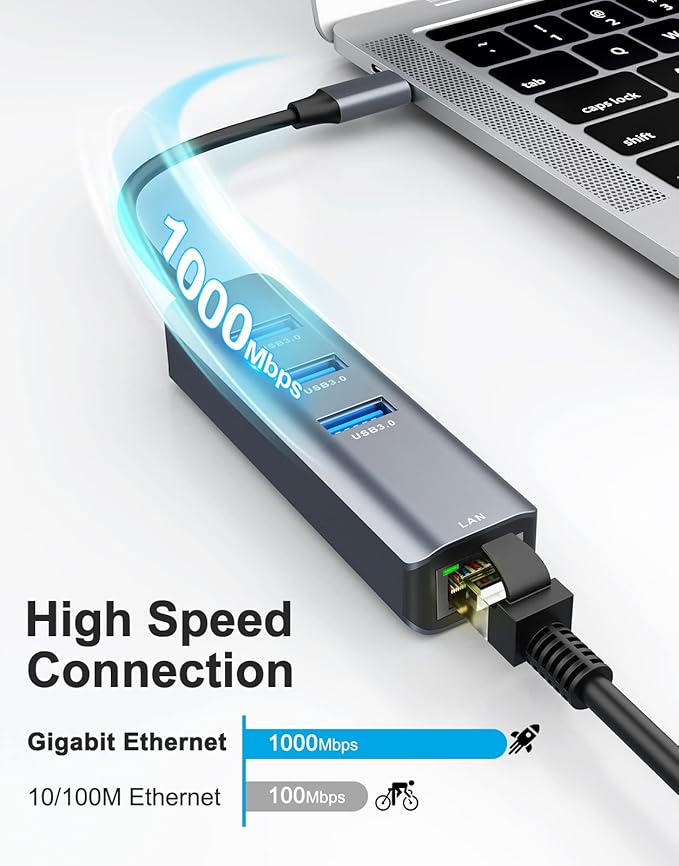 ABLEWE USB C to Ethernet Adapter, 4-in-1 RJ45 to USB-C/Thunderbolt 3 to Gigabit Ethernet LAN Network Adapter for MacBook Pro/Air 2023/2024, iPad Pro, iPhone 15/16 Pro/Max, Chromebook, XPS,Surface Book