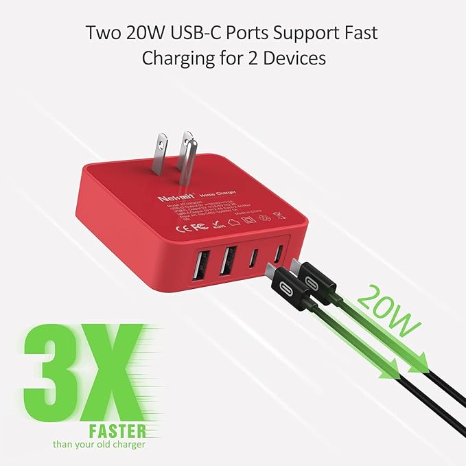 Nekmit USB C Charger, 52W 4-Port Thin Flat Fast Wall Charger Type-C Charging Station with Two 20W PD 3.0 and 2 USB Ports for iPhone 14/14 Pro/14 Pro Max, iPad Pro, Android and More