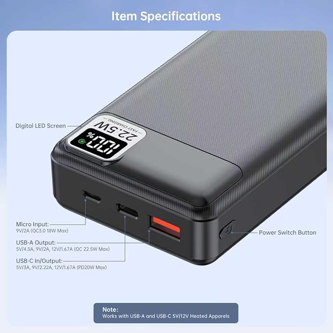 5V 2A 3A 20000mAh Battery Pack for Electric Heated Camping Chair, Stadium Seat Cushion, Vest, Jacket, Blanket - Digital LCD Screen PD20W Fast Charging Power Bank for iPhone, iPad and More