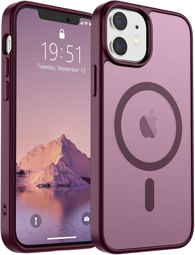 SUPFINE Magnetic for iPhone 12 Mini Case & iPhone 13 Mini Case (Compatible with MagSafe) (Military Grade Drop Protection) Translucent Matte Shockproof Phone Cover,Wine Red