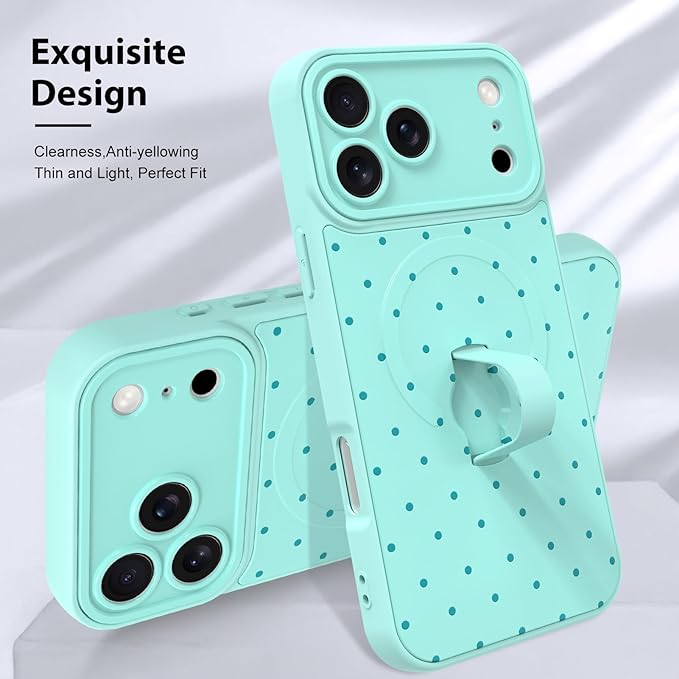 KANGHAR Compatible with iPhone 17 Pro Case, Support for MagSafe, Silicone Spot Cute Pattern, Wristband Kickstand Camera Protection Shockproof Soft Slim Cover for Girls Women, Blue