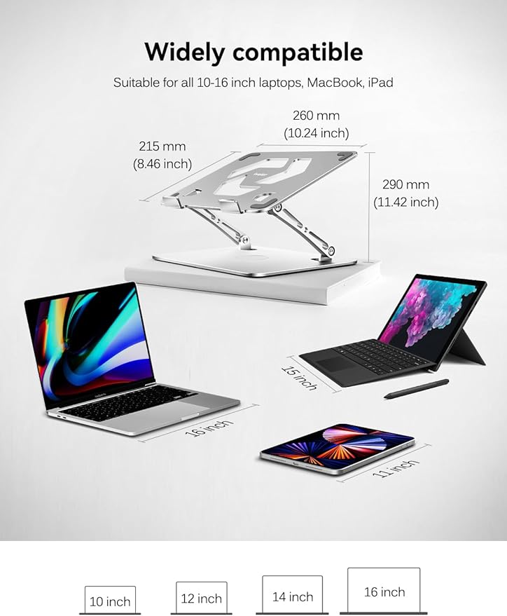 ivoler Adjustable Laptop Stand with 360° Rotating Base, Ergonomic Laptop Stand for Desk, Foldable & Portable Laptop Riser, for Collaborative Work, Fit MacBook Laptops up to 16 inches Silver