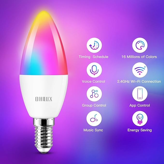 OHLUX E12 Led Bulb, Smart Candelabra Led Light Bulbs 4W 40 Watt Equivalent Work with Google/Alexa, Alexa WiFi Lights Bulbs RGBCW 16 Million Colors, 2.4GHz WiFi Only, No Hub Required, 2 Pack