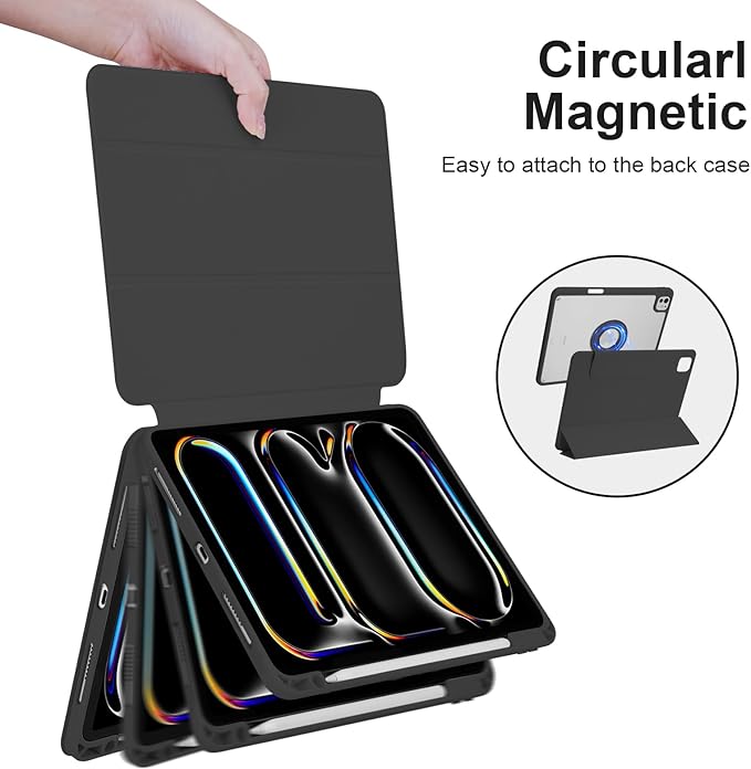 Case for iPad Pro 11 inch M5/M4 (2025/2024, 6th/5th Generation), Removable and Detachable Magnetic Cover with Pencil Holder, Vertical Adjustable Stand, Tri-Fold Multi-Angle, Black