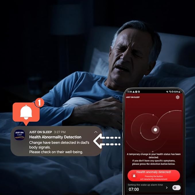 JUST ON Smart Sleep Tracker – Non-Wearable Sleep Monitor for Seniors, Easy Breathing & Sleep Monitoring, Emergency Alerts, Simple App Reports, AI Sound Therapy