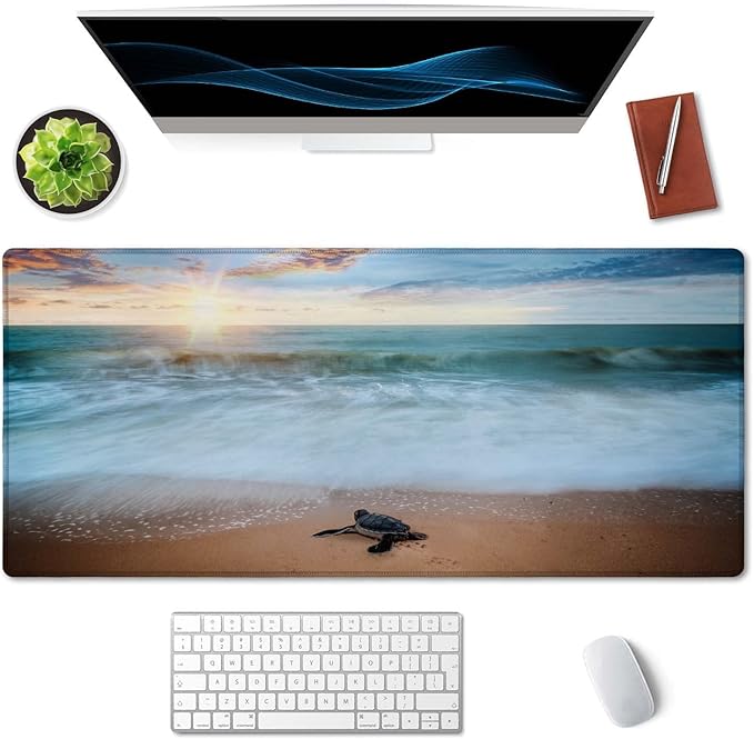 SSOIU Extended Gaming Mouse Pad - Non-Slip Water-Resistant Rubber Base Computer Keyboard Mouse Mat, 35.5 x 15.7-inch XX-Large Desk Mat, Ideal Partner for Work & Game, Turtle Shore