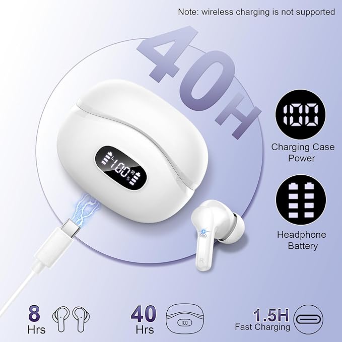 Wireless Earbuds, Bluetooth Headphones 5.4 HiFi Stereo Ear buds with ENC Noise Cancelling Mic, 40H Bluetooth Earbuds with Dual LED Display Charging Case, IP7 Waterproof Earphones for Android iOS