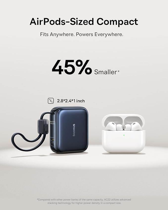 Baseus PicoGo AC22 Mini Power Bank, 10000mAh 45W PD Portable Charger Built-in USB-C Cable, Ultra Small Sized Battery Pack, Fast Charging Battery Bank for iPhone 17/16/15 Samsung S25/S24 Pixel 10 iPad