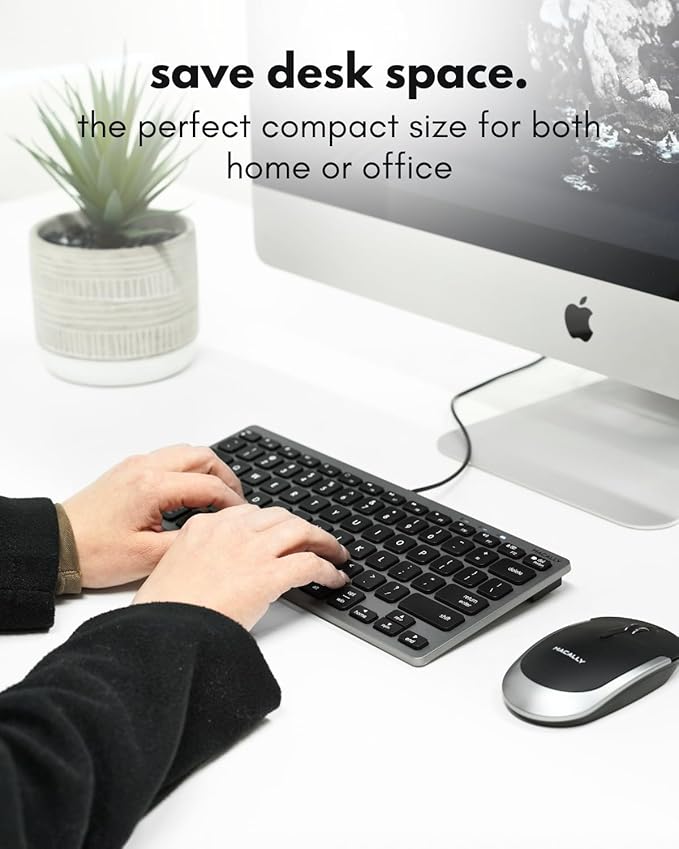 Macally Small Wired Keyboard for Mac and PC (Dual USB C + A) - Save Space, 78-Key Layout with 13 Shortcuts, Type C - Compact USB C Keyboard for MacBook, iMac, iPad, iPhone - Space Gray