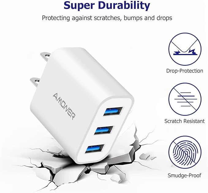 USB Wall Charger, Amoner 2Pack 15W 3-Port USB Charger Block iPhone Cube Charging Blocks for iPhone 14/13/12/11/X/XR/X/8/7/6, Galaxy, Android Phones and More