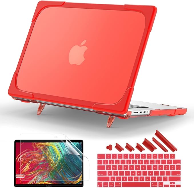 Batianda Heavy Duty Case for New MacBook Pro 14 Inch 2026 2025 M5 M4 M3 M2 Pro/Max Chip- Ergonomic Foldable Kickstand (Holds 22lbs/Zero Wobble) Matte Translucent Rugged Armor Cover, Red