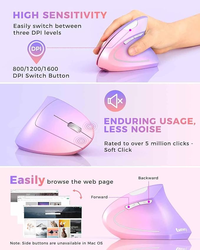 Lekvey Ergonomic Mouse, Vertical Wireless Mouse Rechargeable 2.4 GHz Optical Carpal Tunnel Mouse : 800/1200/1600 DPI, 6 Buttons, for Laptop, PC, Mac, Computer, Desktop, Notebook etc, Pink to Purple