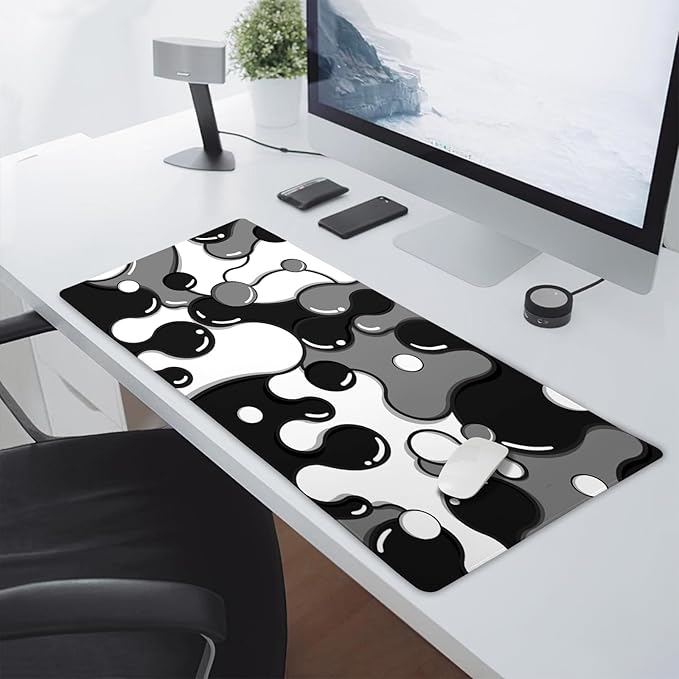 Black White Grey Mouse Pad XL Large Anime Cool Geometric Japanese Extended Desk Mat 60x35 CM Non-Slip Rubber Base Stitched Edge Large Mousepad for Desk Gaming Laptop Desktop,24x14 Inch
