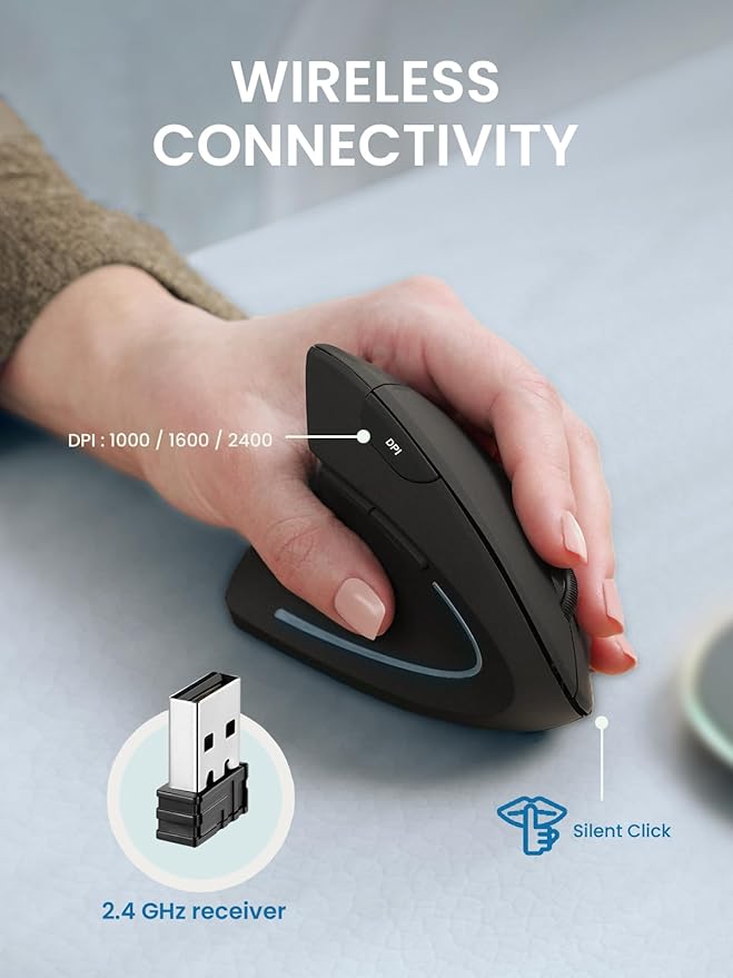 Perixx PERIMICE-713LRX - Left Handed Cordless Rechargeable Vertical Mouse - Duo Wired and Wireless Charging Feature - Included Wireless Charger - Left Handed