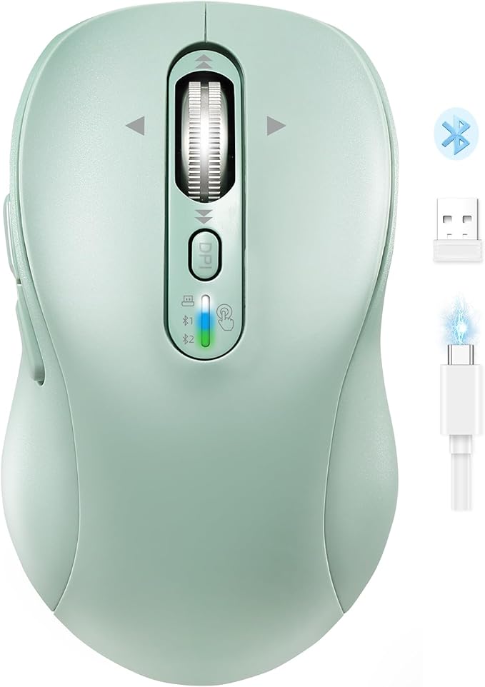 Wireless Bluetooth Mouse for Laptop,USB+BT×2,Quiet Ergo Computer Mouses,Metal 4-Way Super Scrolling,± 3200 DPI,Rechargeable,10 Button,Plug&Play,Multi Device Cordless Mice for iPad,Tablet,Mac,PC(Green)