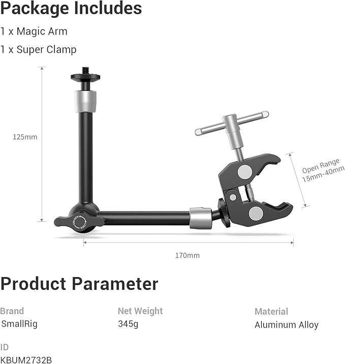 SMALLRIG Clamp w/ 1/4" and 3/8" Thread and 9.8 Inches Adjustable Friction Power Articulating Magic Arm with 1/4" Thread Screw for LCD Monitor/LED Lights - KBUM2732B