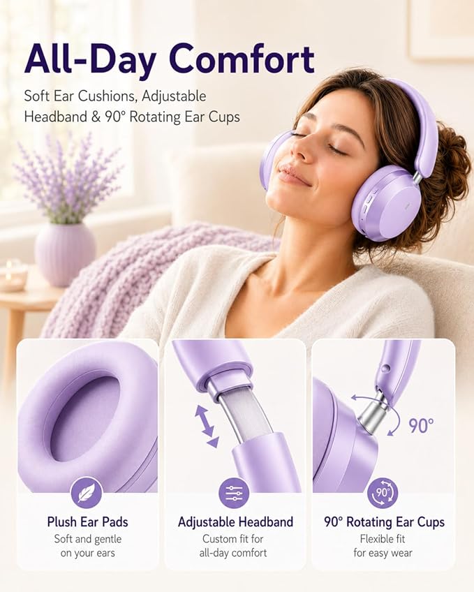 Wentronic Y05 Bluetooth Over-Ear Headphones with Active Noise Cancelling, Hi-Res Audio, 48H Playtime, Built-in Mic, Wired/Wireless, Works with iOS, Android & PC, Purple