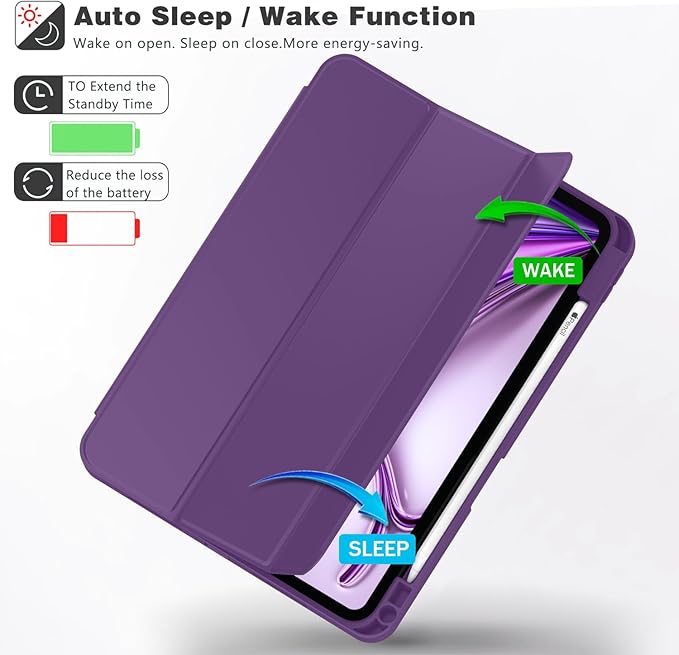 ZryXal New iPad Air 13 Inch Case M3 2025/M2 2024 with Pencil Holder, Trifold Stand Smart Case with Soft TPU Back,Auto Wake/Sleep(Dark Purple)