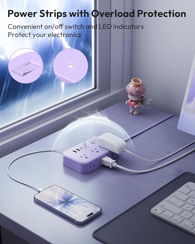Purple Extension Cord Surge Protector Power Strip with 6 Outlets 4 USB Ports(20W), Flat Extension Cord with Multiple Outlets, 5 ft Flat Plug Outlet Extender for Indoor, Office