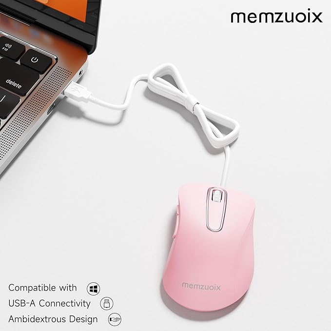 memzuoix Wired Mouse, USB Computer Mouse 1400 DPI Mobile Optical Mouse Ergonomic Design Computer Mice with 5FT Cord for Laptop, PC, Desktop, MacBook, 5 Buttons (Pink)