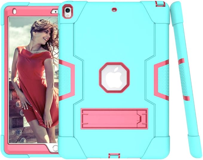 Dteck for iPad Air 3rd Gen (2019) / iPad Pro (2017) Case 10.5", Shockproof Protective Case with Kickstand, Hard Plastic Shell, 3-Layer Protection Drop Proof Sturdy Rugged Tablet Cover (Aqua+Rose)