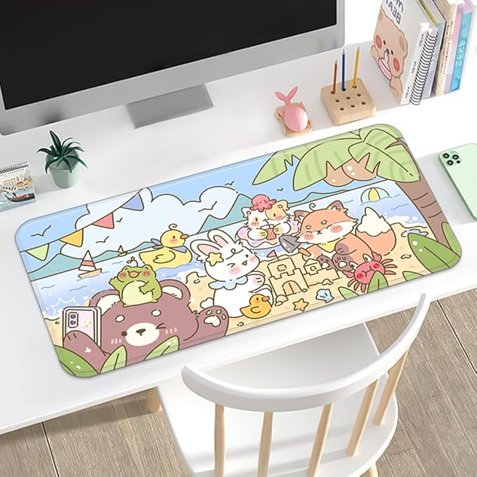PERFECTSIGHT Cute Mouse Pad, Summer Beach Desk Pad, Kawaii Large Gaming Desk Mat, Funny Animal Party Deskmat Mousepad, Anime Desk Blotter Protector Laptop Keyboard Pad for Women Kids Girls Boys