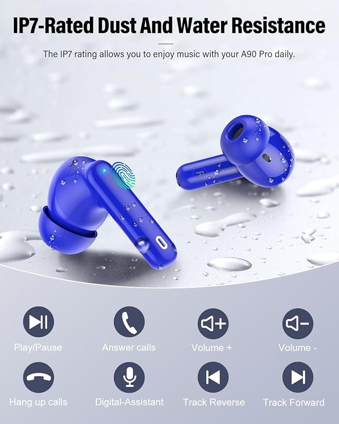 Btootos Wireless Earbuds, Bluetooth 5.4 Headphones Bass Stereo, Ear Buds with Noise Cancelling Mic, IP7 Waterproof in Ear Earphones, 36H LED Display Bluetooth Earbuds for Laptop Pad Phones, Navy Blue