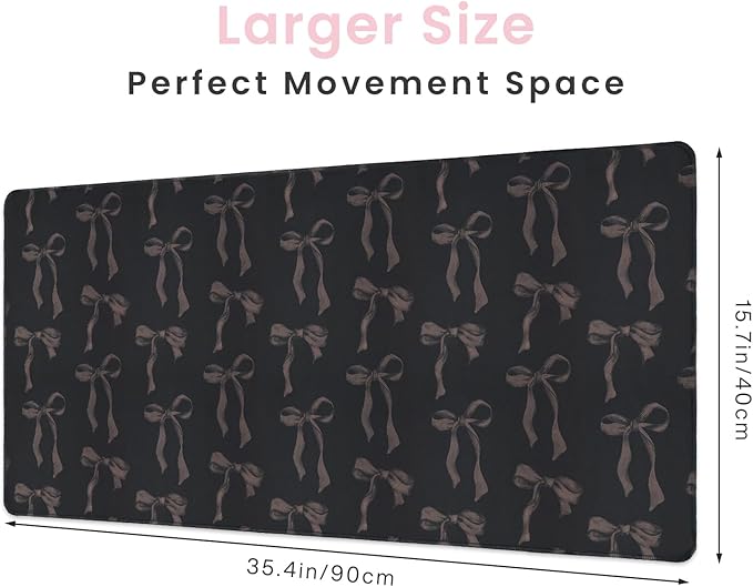 Black Desk Mat with Bows, Large Bow Mouse Pad Keyboard Mat for Computer Laptop Non-Slip Rubber Base Gaming Mousepad, Cute Black Desk Accessories Girly Office Desk Mat for Teen Girls Women 35.4 x 15.7