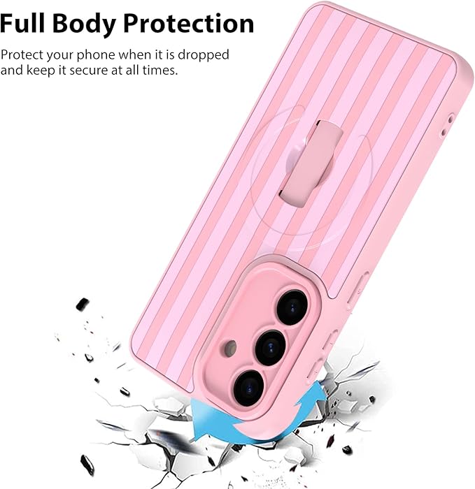 KANGHAR Compatible with Samsung Galaxy S26 Case, Support for MagSafe, Silicone Stripes Cute Pattern, Wristband Kickstand Camera Protection Soft Slim Cover for Girls Women -Pink