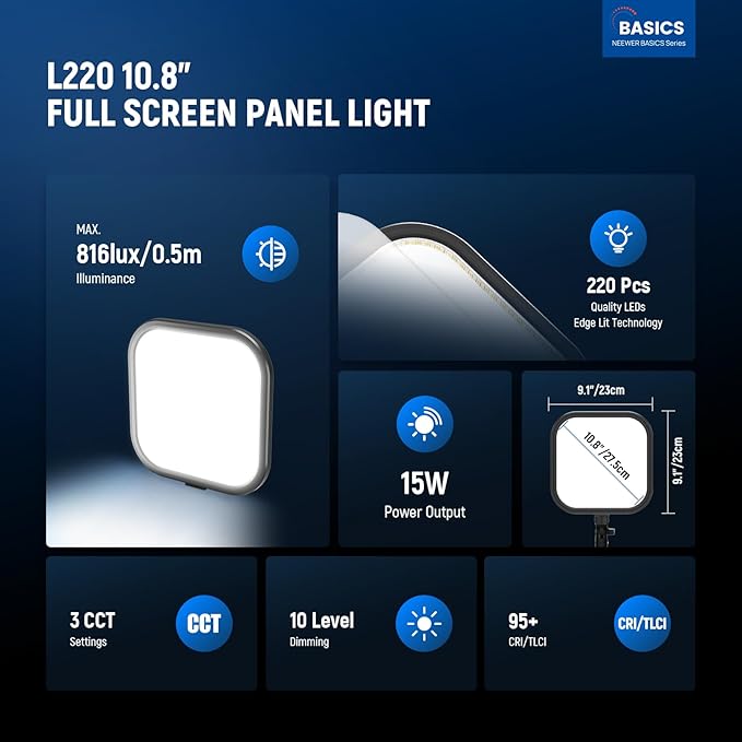 NEEWER Basics 2 Pack 15W 10.8" LED Video Light Panel Lighting Kit with 63" Tripod Stands, Edge Lit Bi Color Dimmable Studio Light 816lux CRI95+ for Photography Filming Recording Streaming, L220