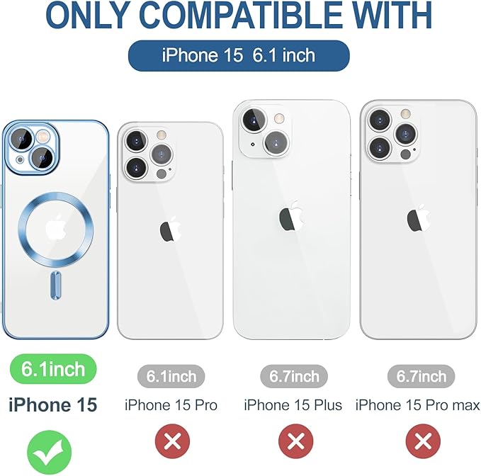 Hython Magnetic Clear for iPhone 15 Case with Camera Lens Protector [Compatible with MagSafe] Luxury Plating Edge Slim Soft TPU Cover Protective Phone Case for iPhone 15 6.1", Light Blue