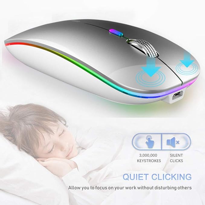 TENMOS Wireless Bluetooth Mouse, LED Slim (Bluetooth 5.1 + USB) 2.4GHz Rechargeable Silent Bluetooth Wireless Mouse with Type C Adapter for Laptop/MacBook/iPad OS 13 and Above (Silver)