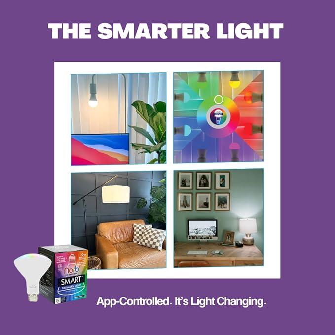 Norb SMART Light Bulb, Tunable Wellness Circadian Rhythm LED, Full Spectrum White & Color Changing, Alexa & Google Home Compatible, Dimmable, BR30, 9W, for Home Automation, WiFi, Bluetooth (2-Pack)