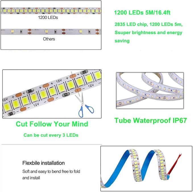 SUYOOULIN LED Strip Lights, SMD 2835 LED Strip, DC12V 1200LEDs 16.4Ft 26000LM High Density LED Light Strips Tube Waterproof IP67, 3 Times Brightness Than SMD3528 LED Strip, Pink