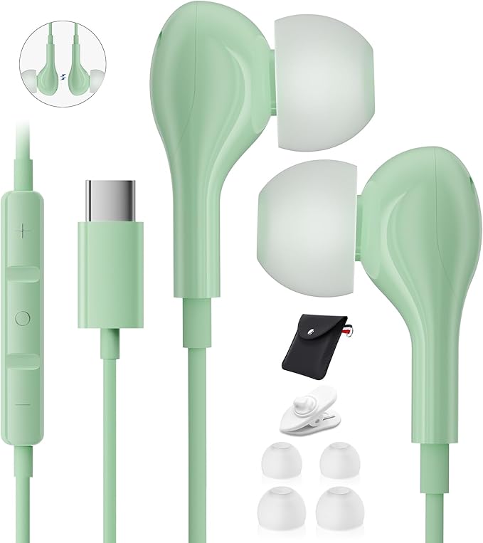 Wired Headphones USB C for for Galaxy S26 S25 Ultra A17 A16 S24 S23 in Ear USB-C Headphones Wired with Microphone Volume Control Type C Headphones iPhone 16 Pro Max iPad mini Xiaomi Pixel Green