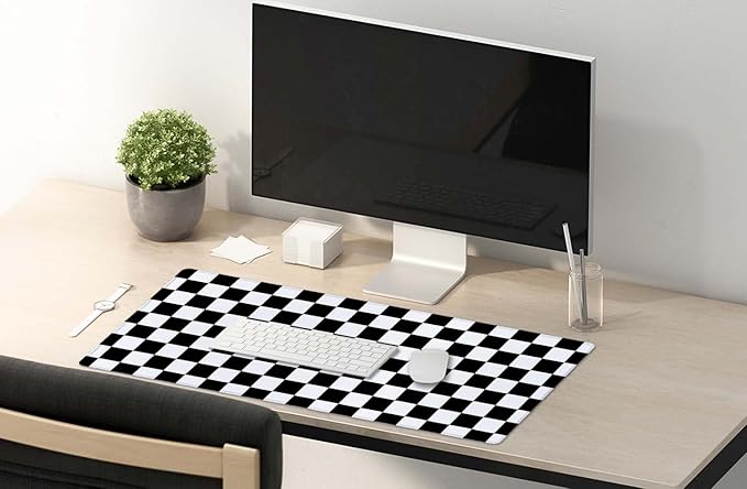 SSOIU Checkered Desk Mat Extended Gaming Mouse Pad (35.5x15.7 in), Large Stable Rubber Base Mousepad with Stitched Edges, Keyboard Mouse Mat Desk Pad for Work, Game, Office - Black White Checkerboard