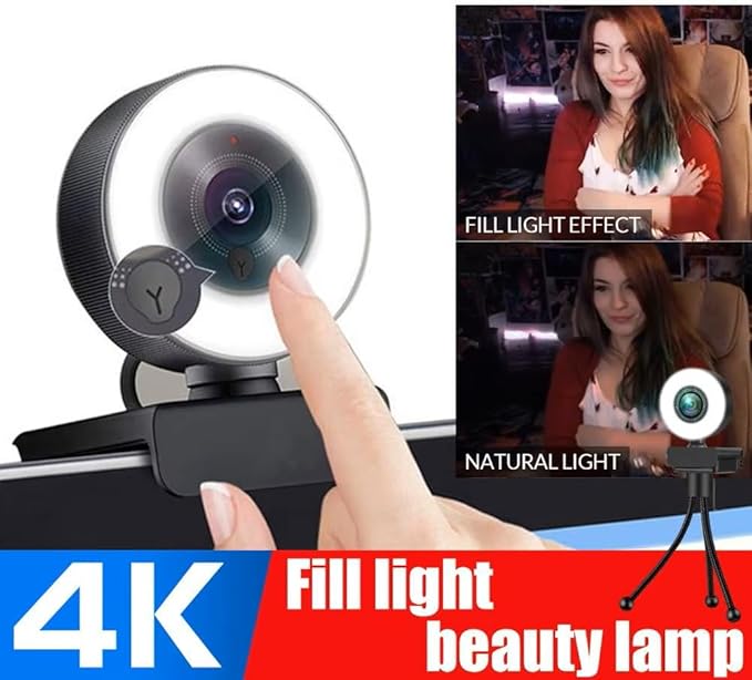 Webcam with Light Full HD 4K 1080P Web Camera Auto Focus Microphone Plug and Play USB Computer Web cam for PC Laptop Desktop, Mac Zoom Skype Teams