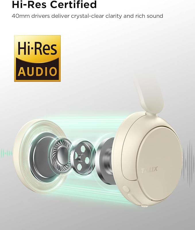TALIX H30 Hybrid Active Noise Cancelling Headphones, 110H Playtime Hi-Res Audio Bluetooth 6.0 Wireless Over Ear ANC Headphones for Commute/Workout/Gym (Off-White)