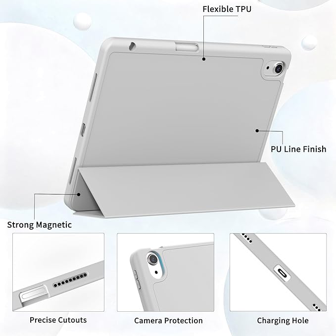 Case for iPad Air 11-Inch M4/M3/M2 2026/2025/2024, iPad Air 5/4 (2022/2020 5th/4th Generation 10.9-Inch) with Pencil Holder, Slim Stand Soft Back Support Touch ID, Auto Wake/Sleep, Gray