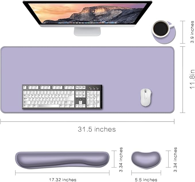 Desk Mat, Large Gaming Mouse Pad with Wrist Rest, 4 in1 XXL Mouse pad+Keyboard Wrist Rest+Mouse Pad Wrist Support+Cup Coaster Set, Ergonomic Desk Pad for Home Office, Purple